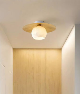 Scandinavian Wooden Glass Ribbed Globe Ceiling Lamp S07