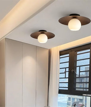 Scandinavian Wooden Glass Ribbed Globe Ceiling Lamp S07